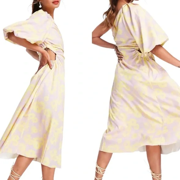 ASOS One Shoulder Puff Sleeve Cut Out Floral Midi Dress - Picture 2 of 16